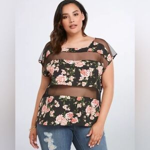 Torrid Black and Pink Floral Mesh Blouse
